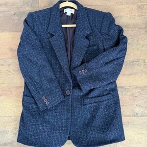 Vintage Liz Claiborne Navy Tweed Blazer USA Made Wool Silk Jacket Women's 10